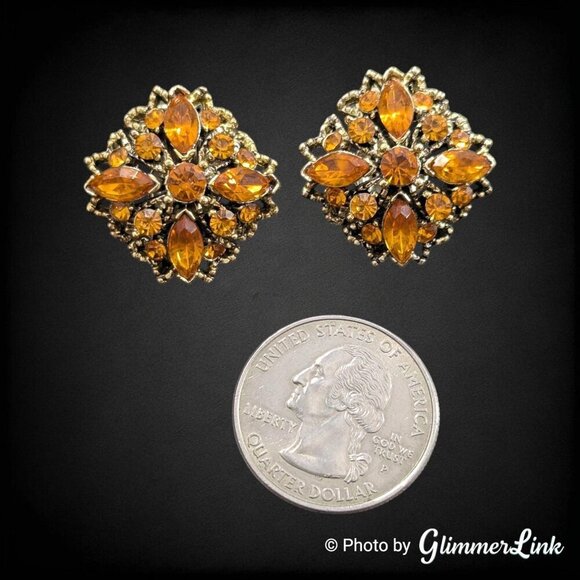 Vintage Floral Autumnal Orange Rhinestones Dome Gold Tone Clip On Earrings - Picture 4 of 9